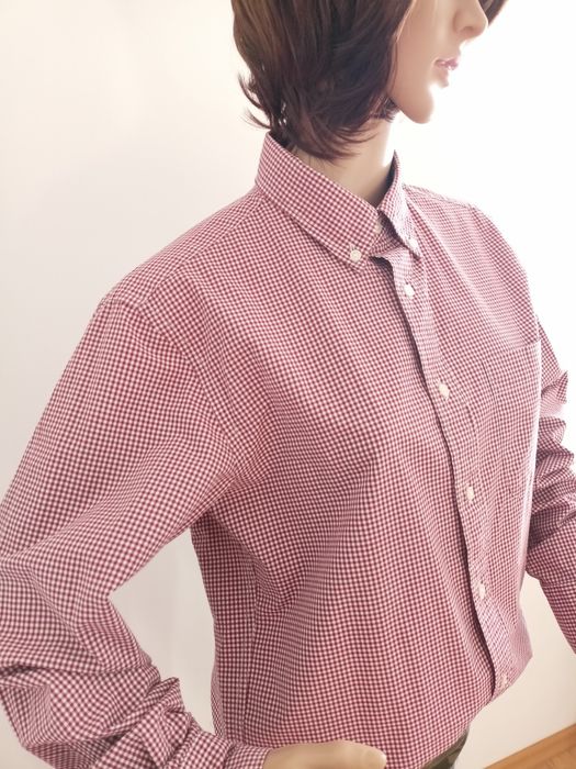 Koszula unisex w biało-bordową drobną kratkę Uniqlo 100% bawełna