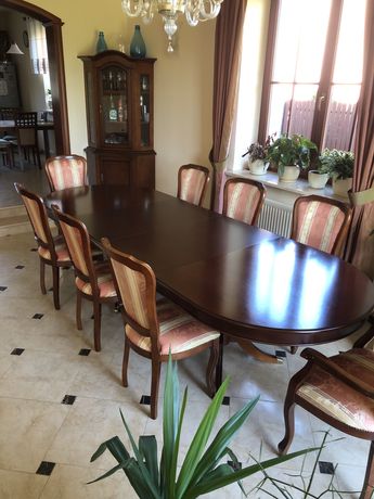Piękny dębowy klasyczny stół z krzeslami, 10-12 osobowy, stan idealny