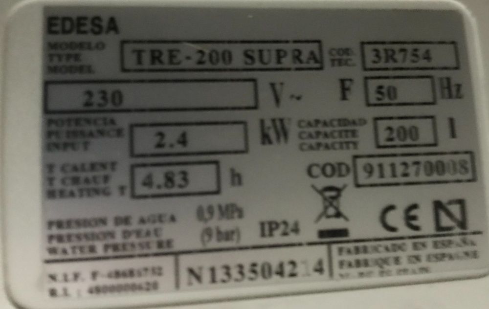 Termoacumulador 200L - Edesa - Tre-200 Supra