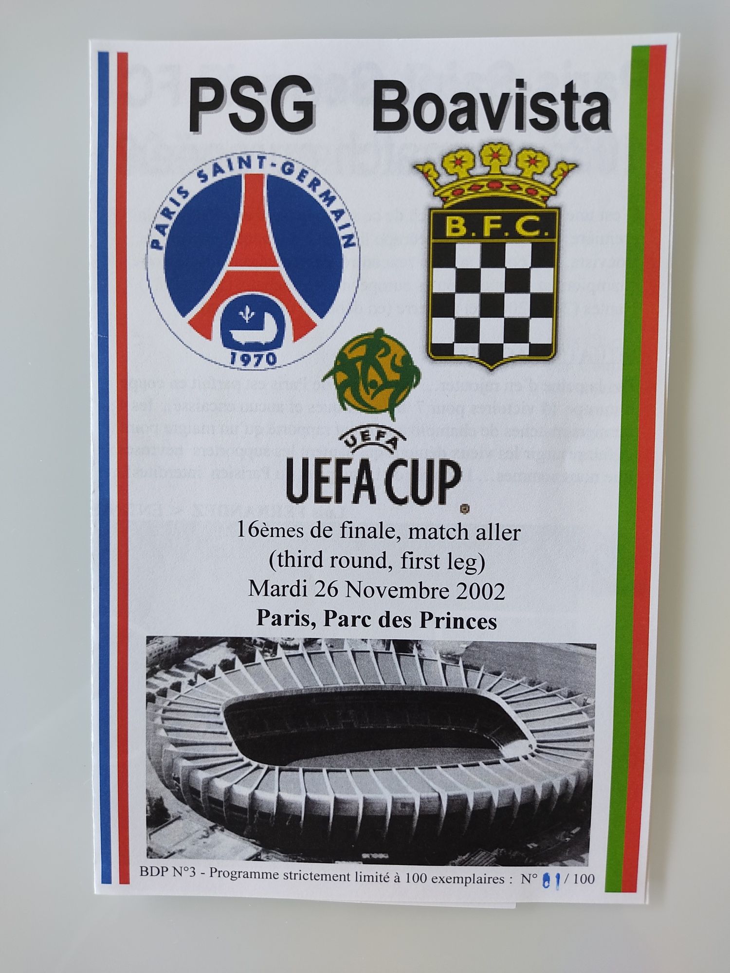 Programa do Paris saint-germain Boavista UEFA 2002 e 2003