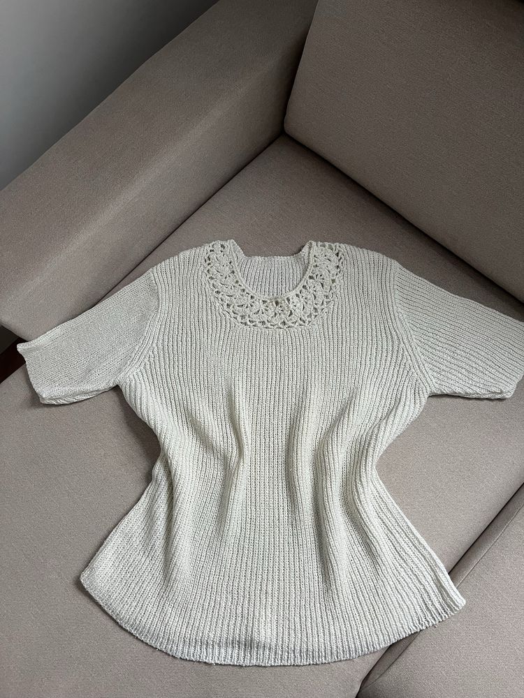 Bluzka sweterkowa sweterek krótki rękaw z perełkami vintage