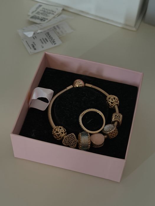 Набор пандора. Браслет pandora розовое золото 14к , шармы пандора