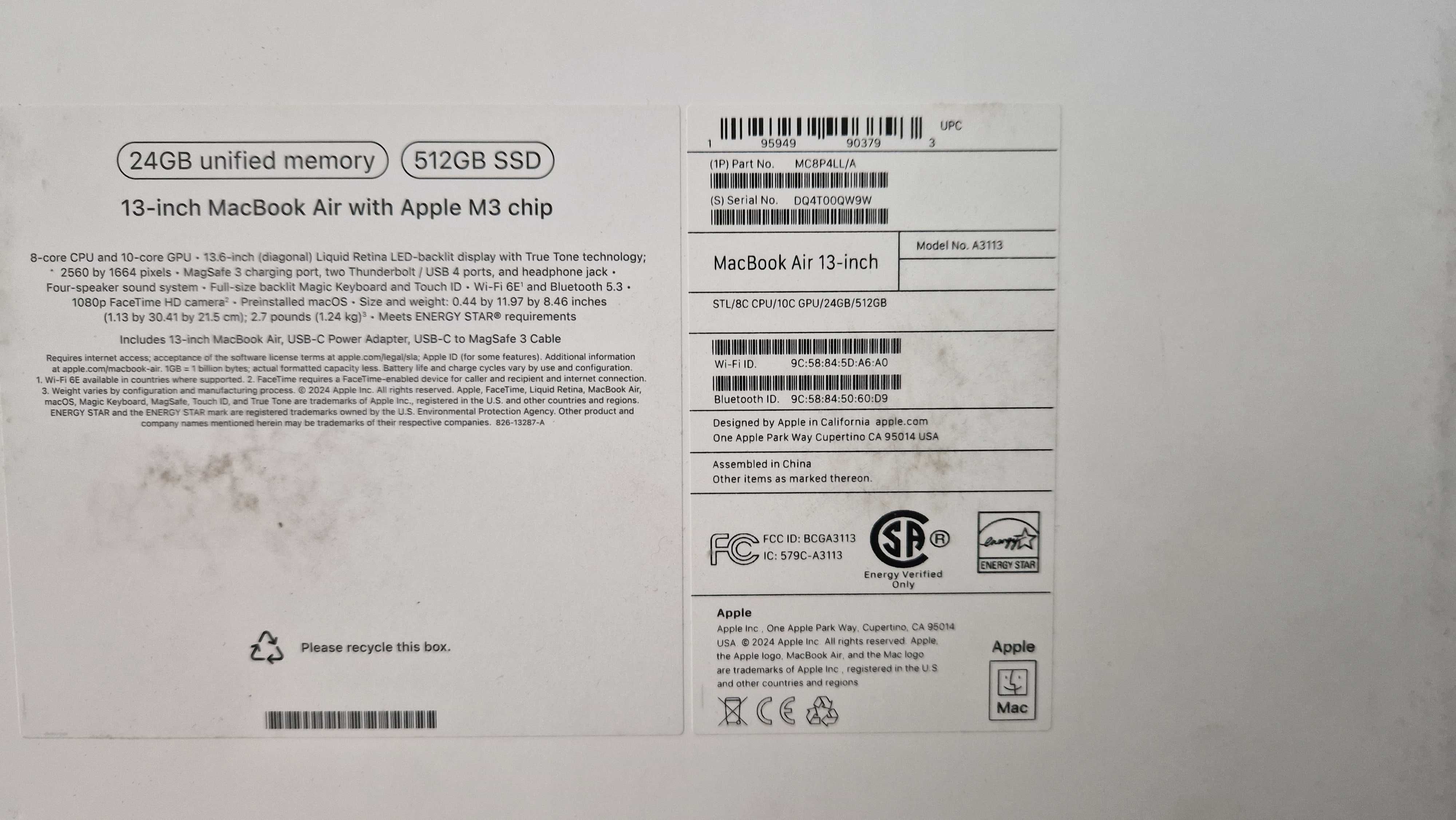 Macbook Air 13 cali, Apple M3 chip, 24GB RAM, 512 SSD Model 2024 A3113