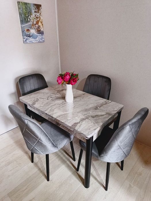 Обеденный кухонный стол раскладной + 4(6) стульев. Мрамор