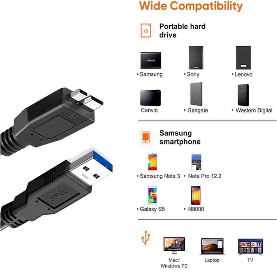 Kabel USB 3.0 (męski) do Micro-B (męski) SuperSpeed odczyt dysków 1m