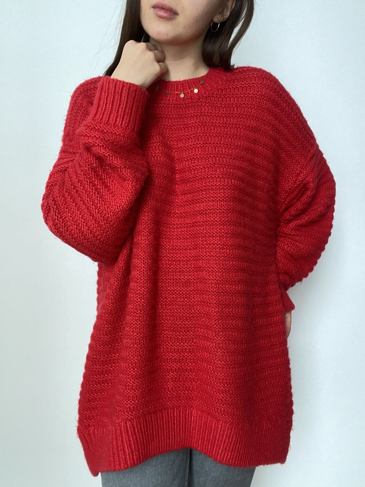 Czerwony sweter z domieszką wełny oversize długi rękaw H&M 38 M
