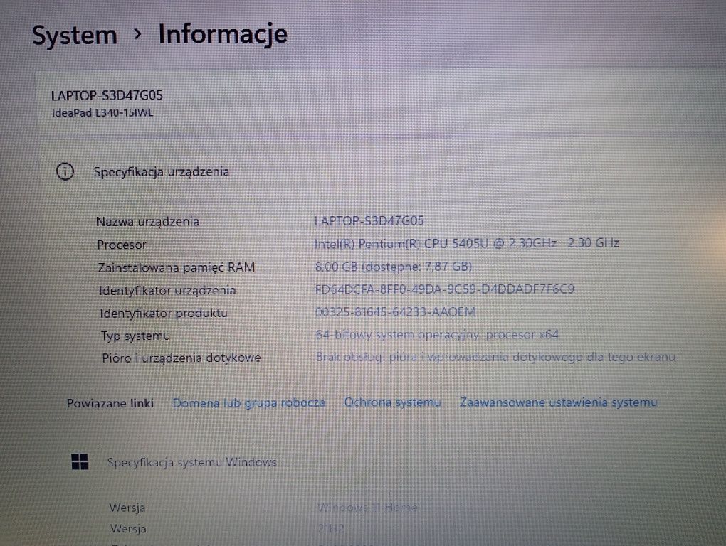 Laptop Lenovo IdeaPad L340-15IWL 8GB RAM dysk 1TB Win 11 z zasilaczem