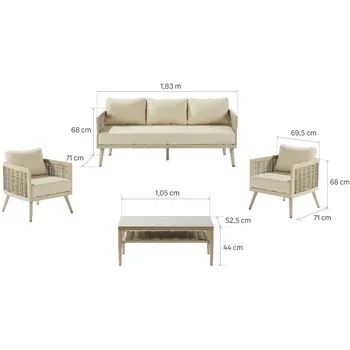 Conjunto de jardim exterior: sofá + 2 Cadeirões + mesa