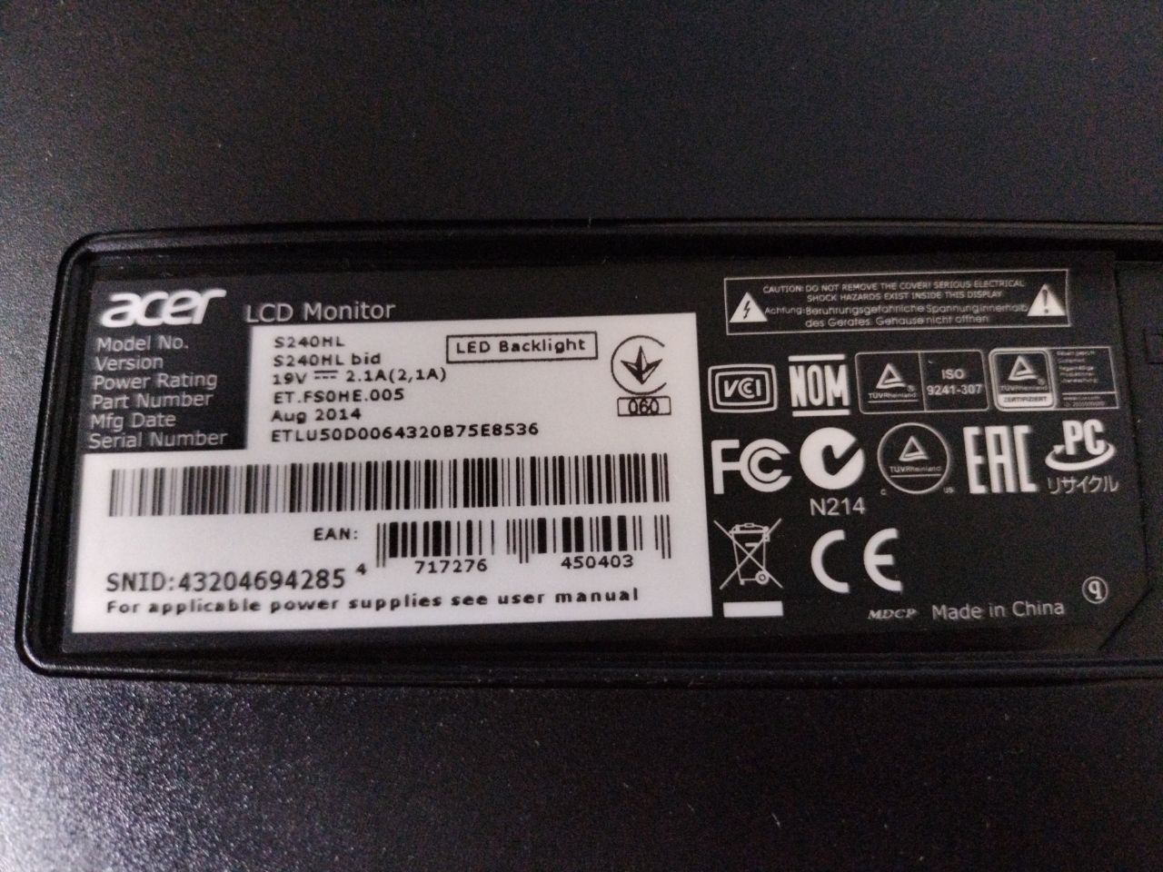 ПК монітор Acer S240HLBID