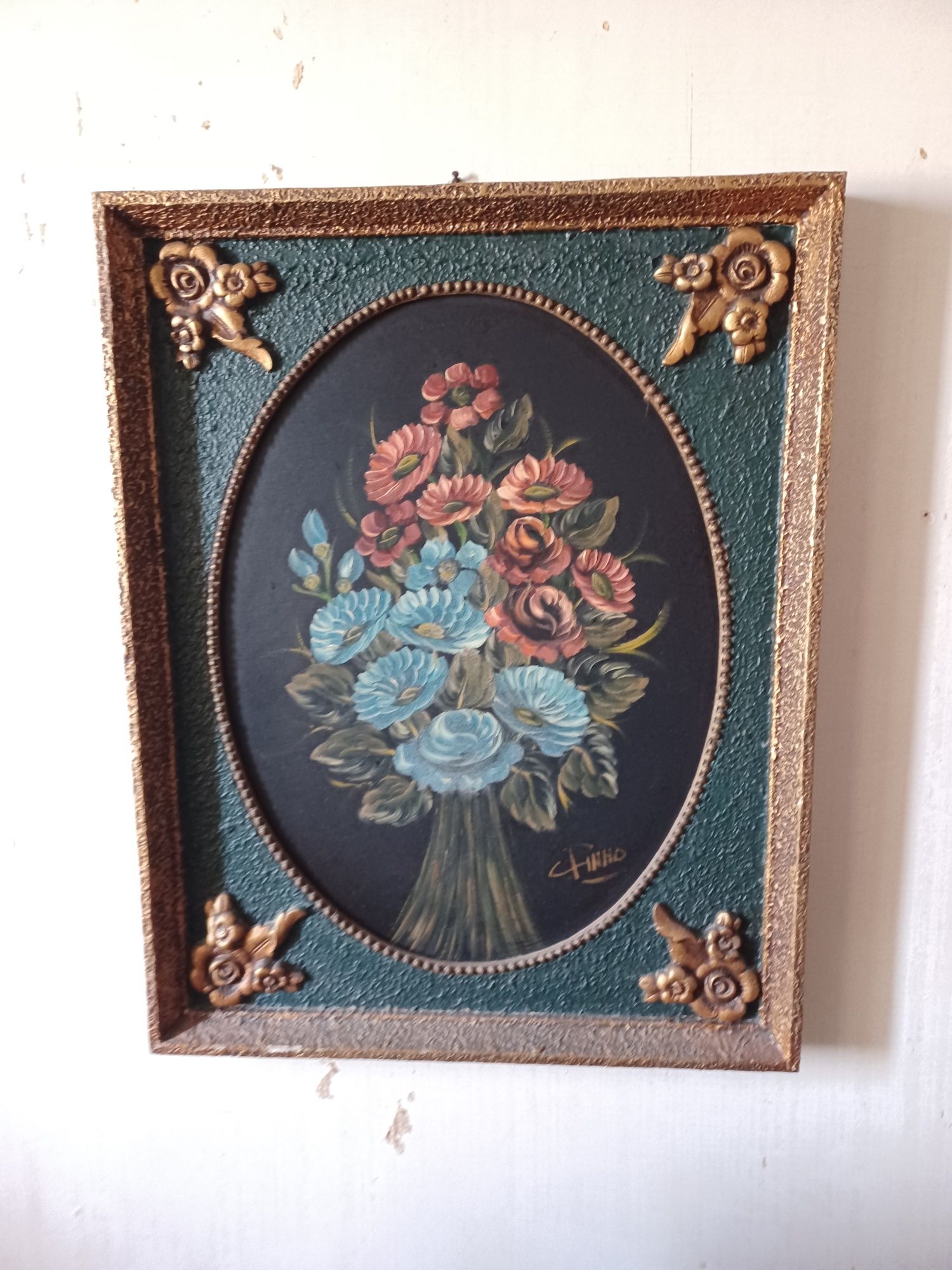 Quadro floral vintage pintado a óleo e assinado