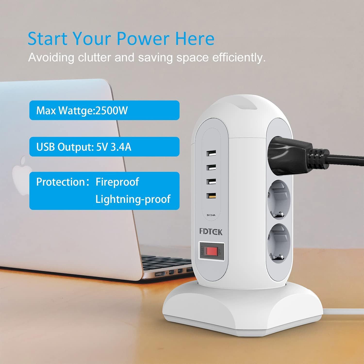 FDTEK Listwa zasilająca. 3 gniazdka 230V, 4xUSB