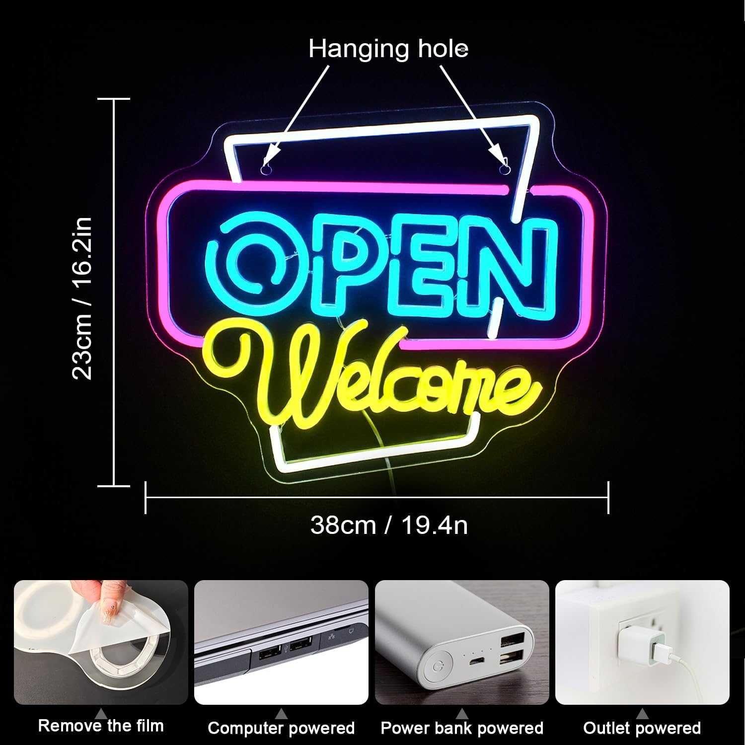 Reclamo Luminoso Néon LED em Acrílico " OPEN - WELCOME "