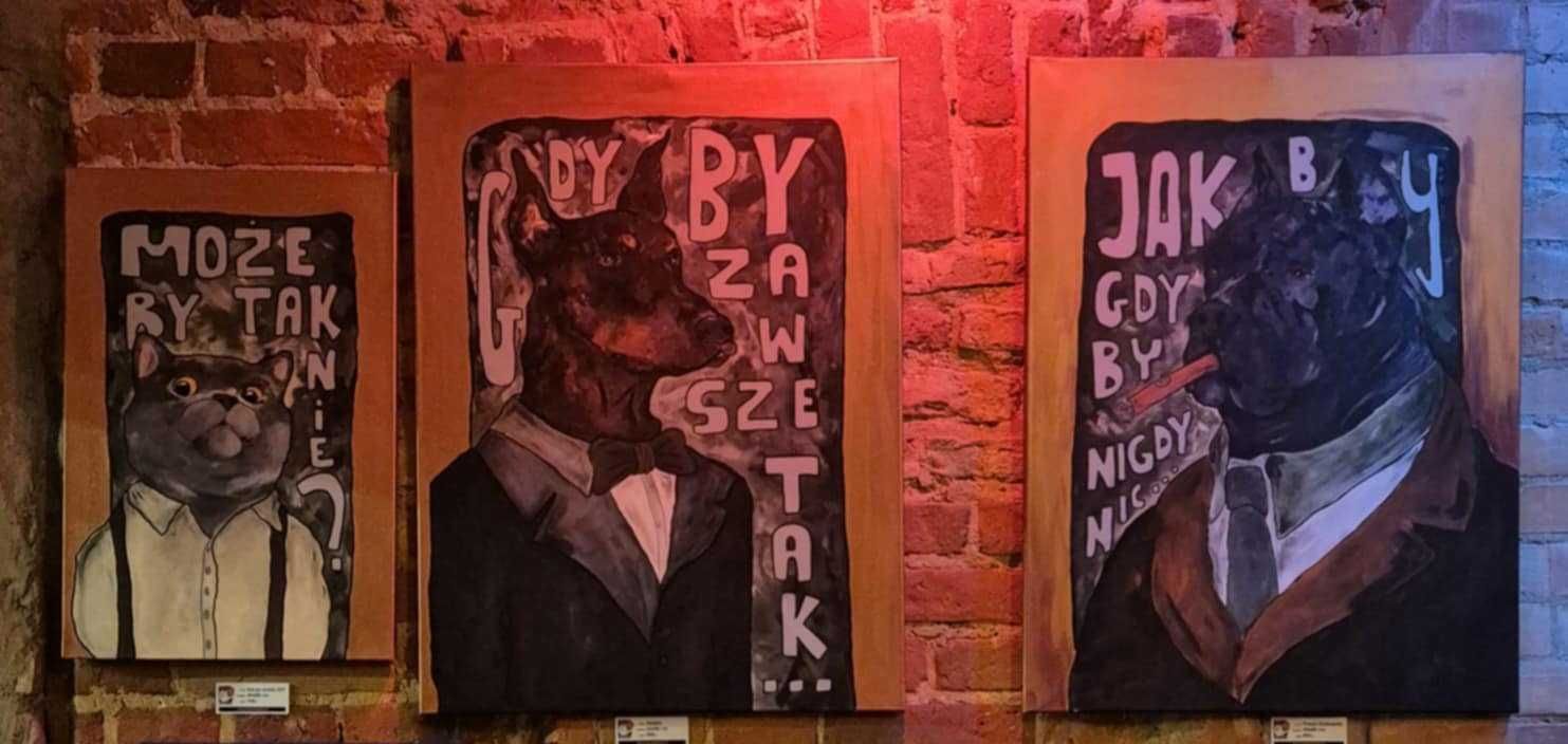 Zestaw 3 dużych obrazów / tryptyk / pies kot / Dżentelmeni