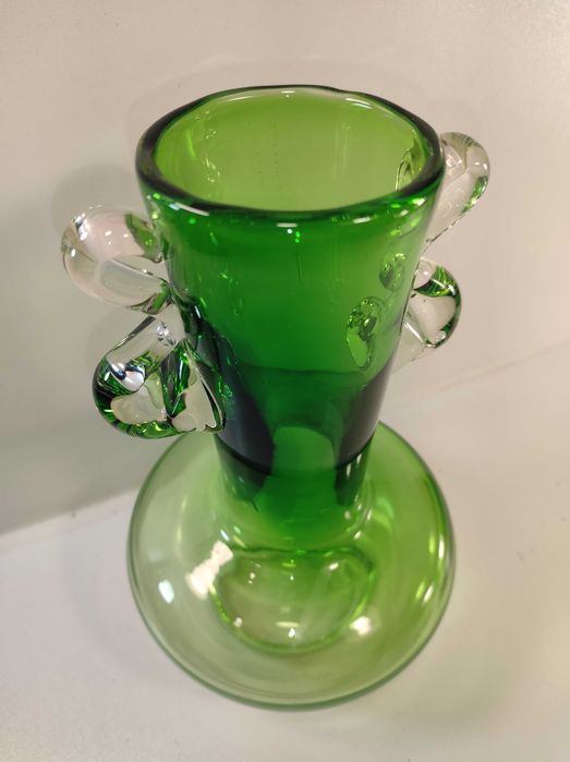 Wazon szklany Motylek HS Tarnowiec zielony 24cm J Słuczan Orkusz  PRL