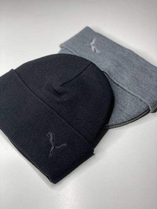 Мужская шапка Puma зимняя с флисом Пума с подворотом Серая/Черная Пума
