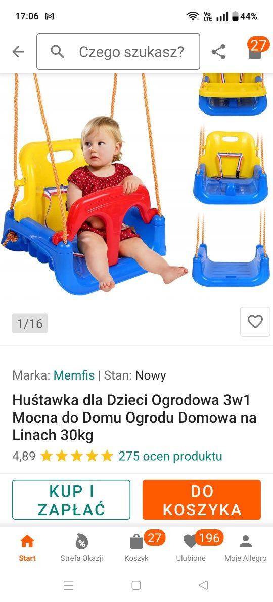 Huśtawka dla dzieci 3w1 30kg