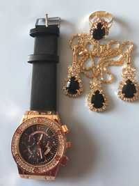 Zegarek z cyrkoniami, naszyjnik, dwa kolczyki i pierścionek