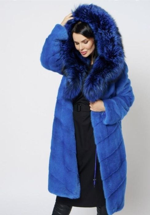 норкова шуба в підлогу, синя