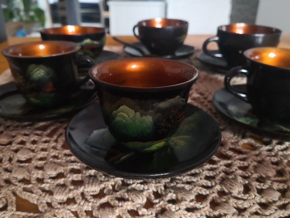 Zestaw do herbaty i kawy z laki / chiński / 6 filiżanek i 6 talerzyków