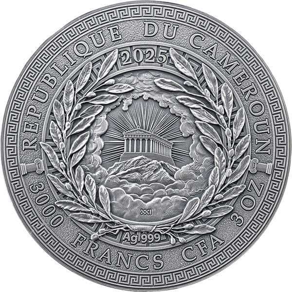 Срібна монета богиня Гестія. 3 унції 3000 франків  Камерун 2025