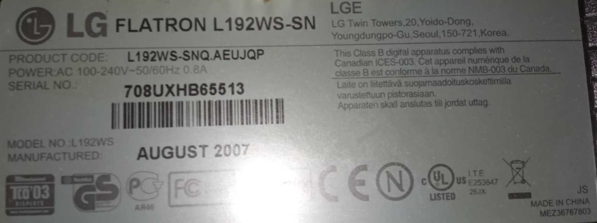 Monitor 19" LG Flatron L192WS-SN sprawny LCD używany