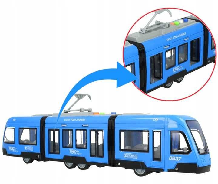 XL Duży Tramwaj  Otwierane Drzwi DRZWI DŹWIĘKI Światła LED napęd