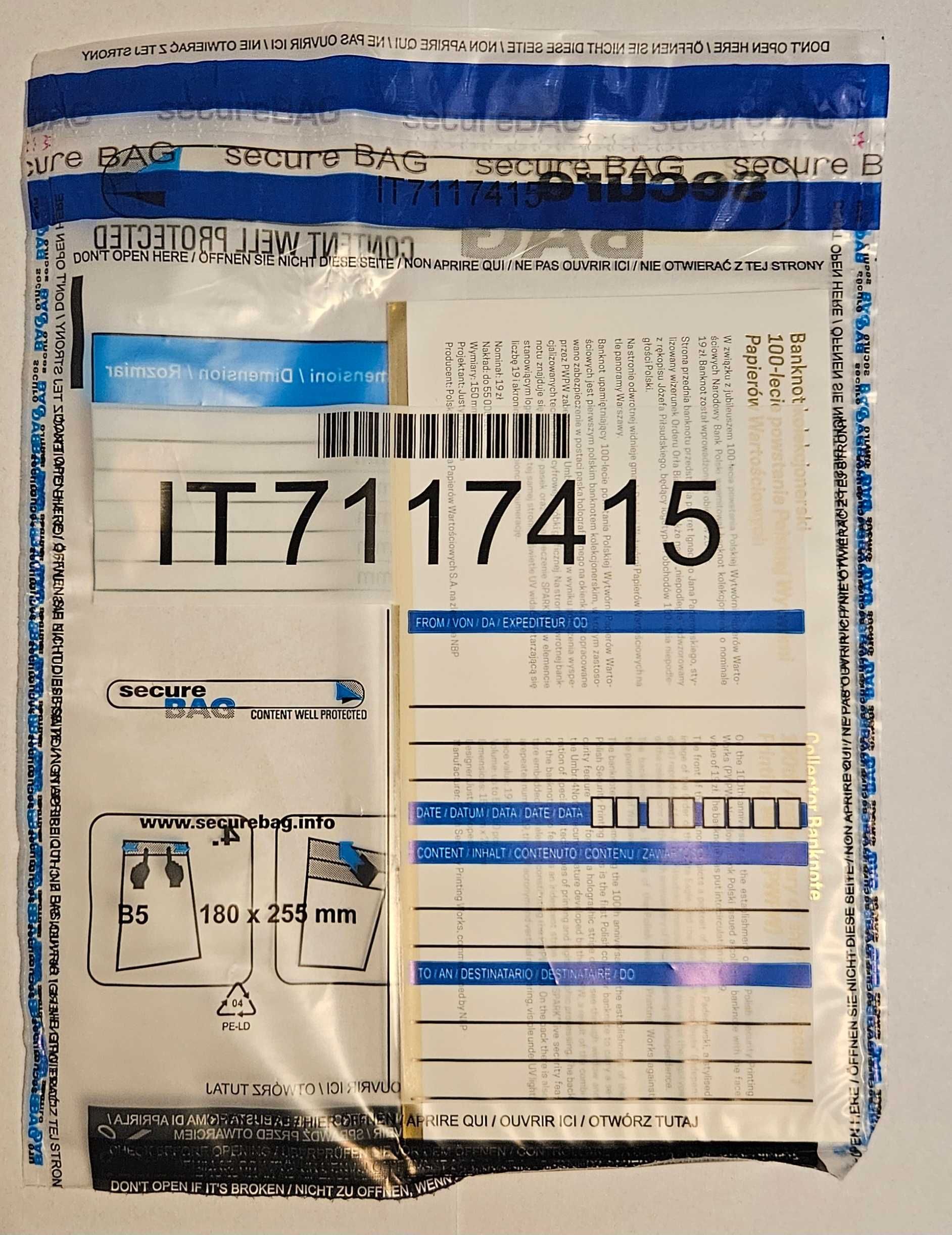 Banknot 19 zł / 2019 r 100-lecie powstania PWPW w etui + Folder