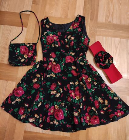 Elegancka sukienka w kwiaty S , zestaw torebka i pasek