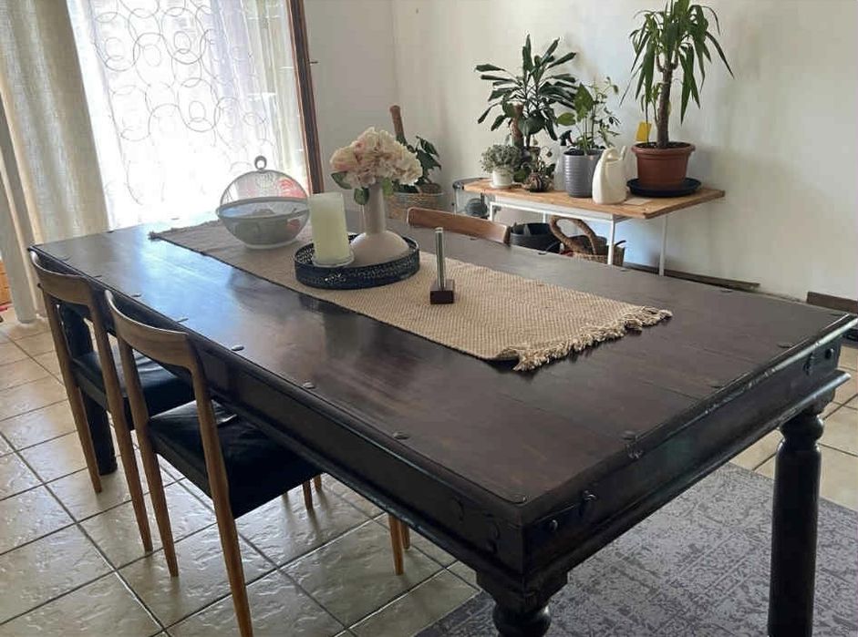 Stół kolonialny drewniany do jadalni 200x90 cm brązowy metalowe nity