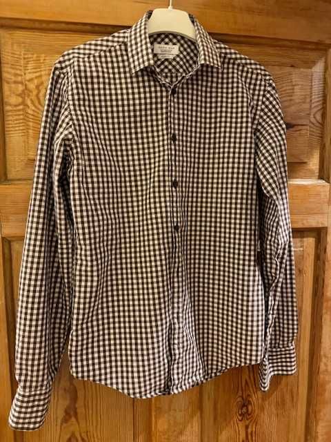 Koszula męska S Zara Slim Fit w kratkę brązowa bawełna z kołnierzykiem