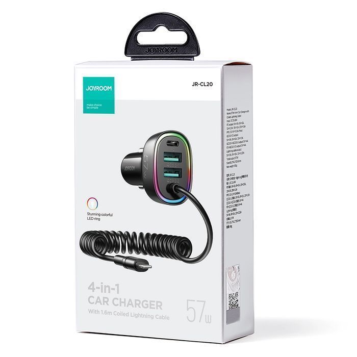 Joyroom ładowarka samochodowa 4w1 z kablem Lightning 1,6m 57W czarny