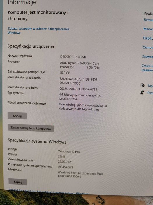 Komputer stacjonarny Ryzen 5 16GB RX580 SSD+HDD Windows 10