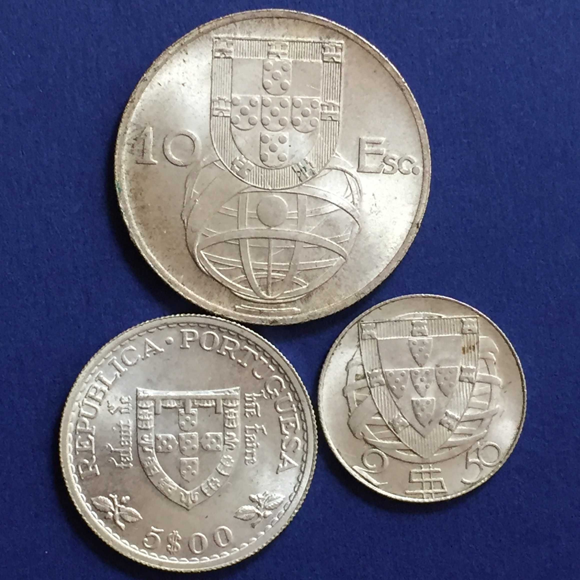 Lote 3 moedas prata: 10 escudos 1954+5 escudos 1960+2,50 escudos 1951