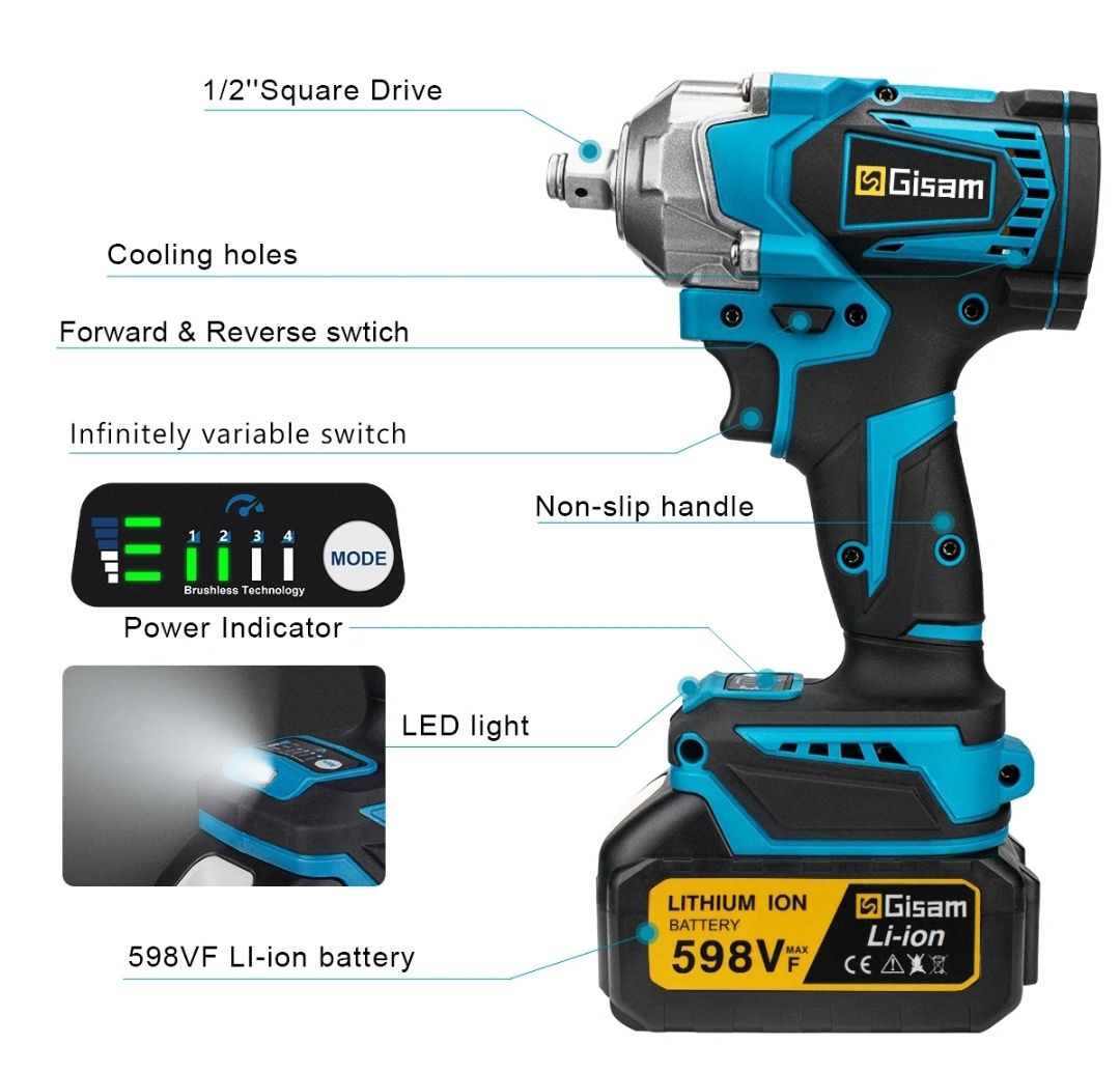 Chave de impacto com 1200n.m Torque, com 2 bateria de 588V