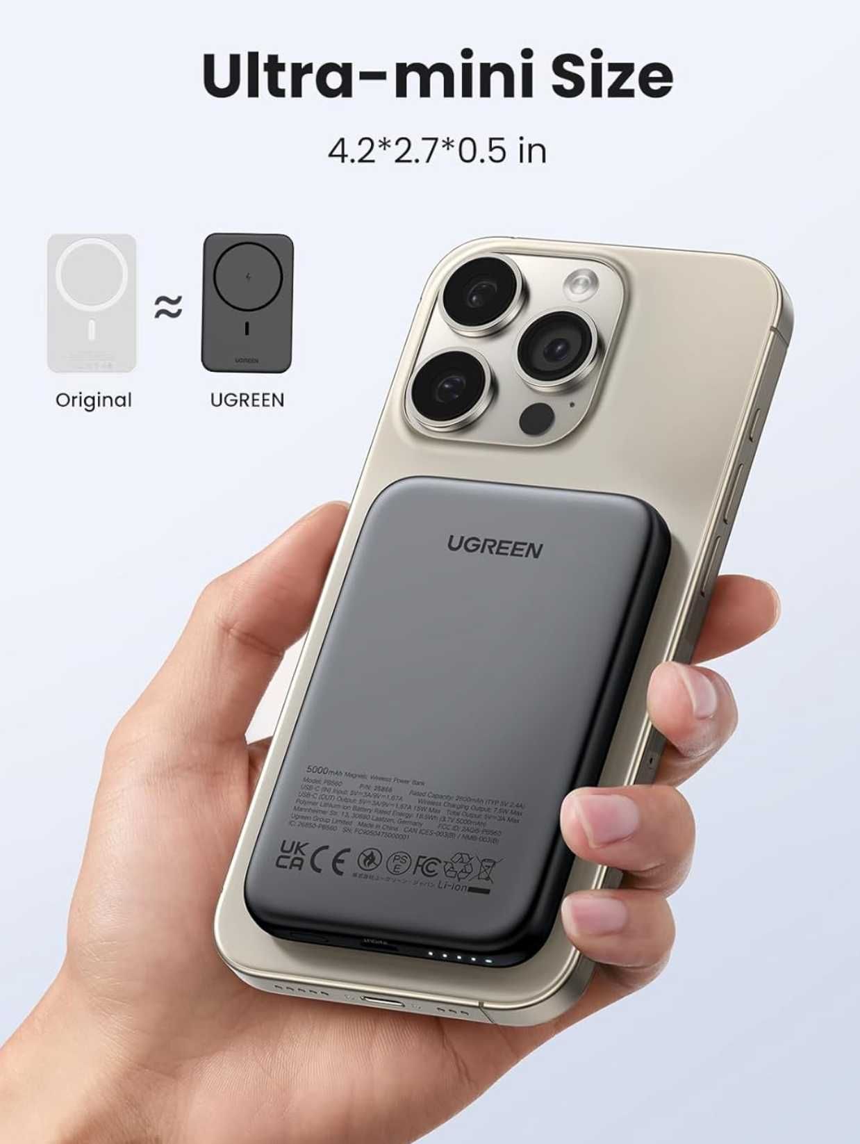 Магнітна батарея UGREEN 5000mAh Magsafe Power Bank 15W - Black - White