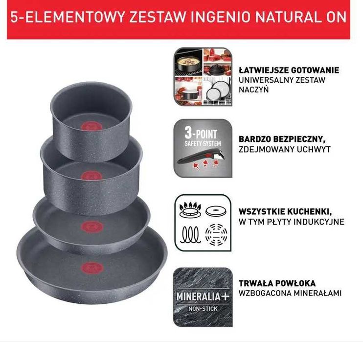 TEFAL indukcja duży zestaw  INGENIO Natural ON Force patelnia rondel