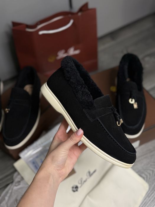 Лоферы теплые черные лоро пиана lp loro piana с мехом зимние кеды