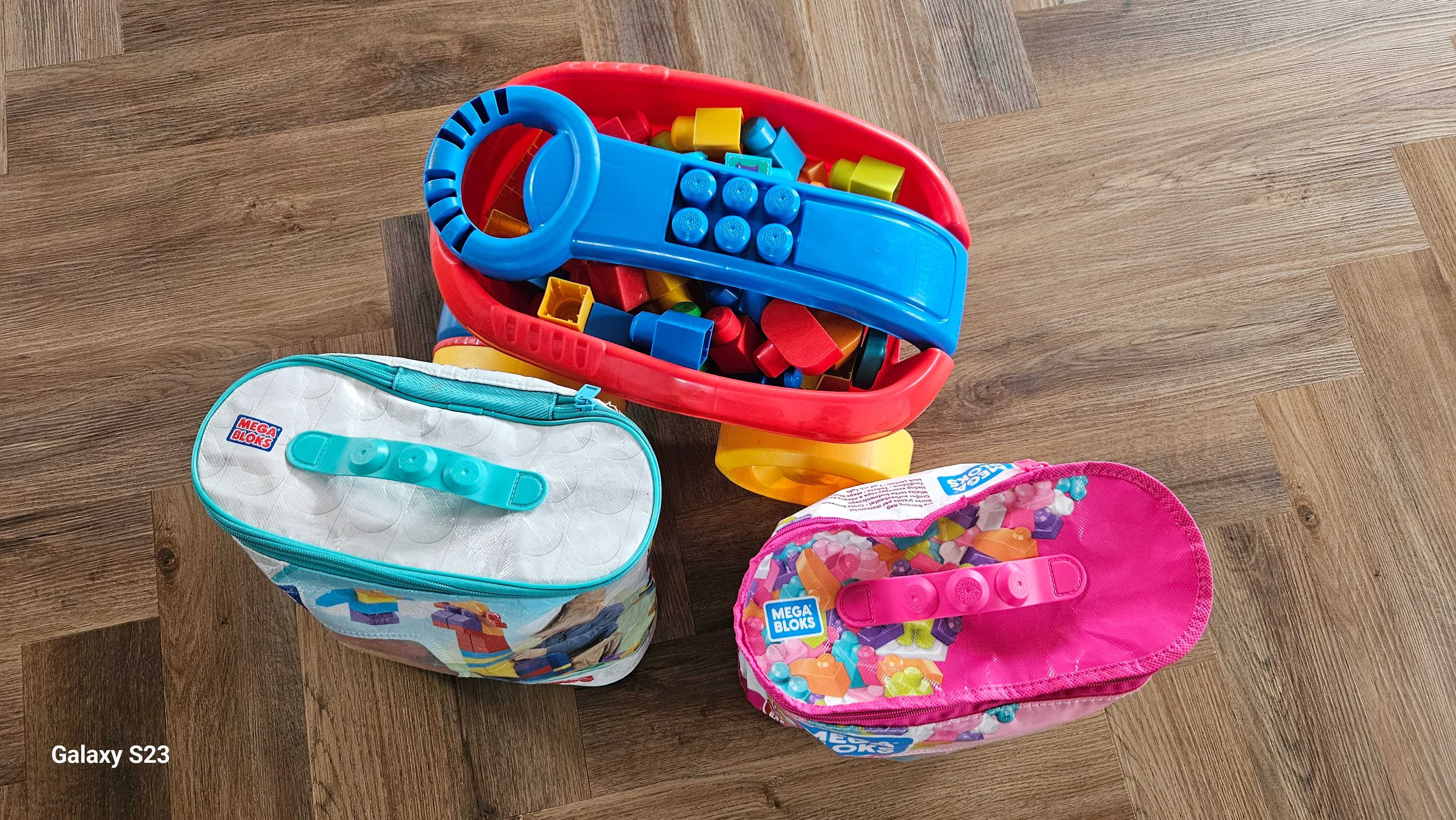 Fisher Price 2 x Klocki Mega Bloks + Wózek zbierak do klocków
