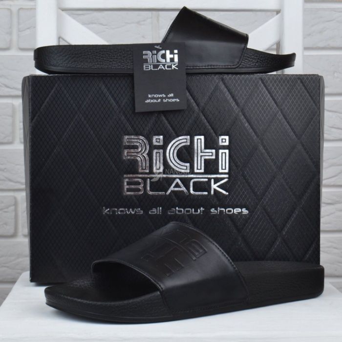 Мужские кожаные шлепанцы Richi Black Ричи Блек черные шлепки 40-45р