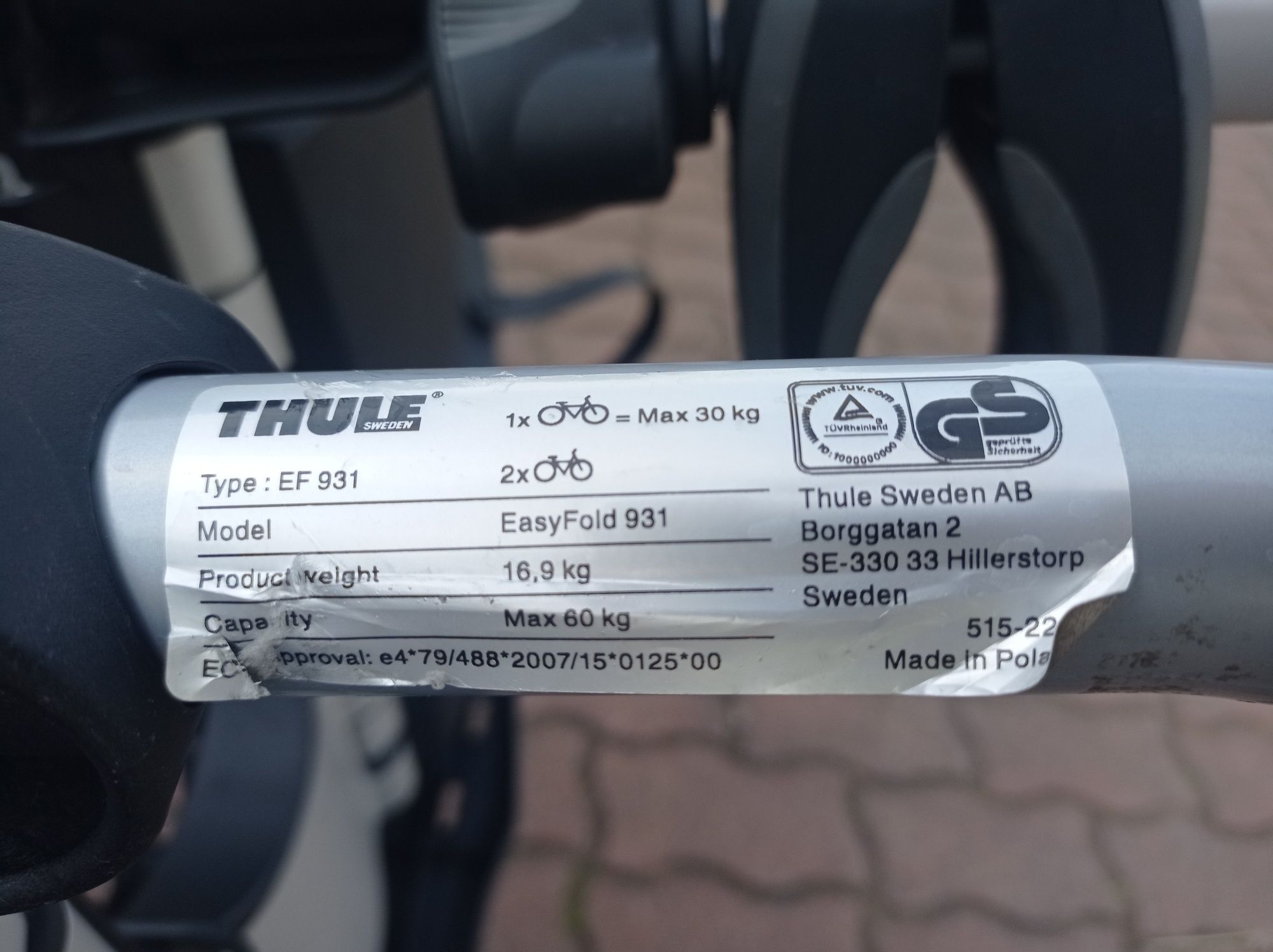 Bagażnik, platforma rowerowa Thule EasyFold 931 do 60 kg.E-bike