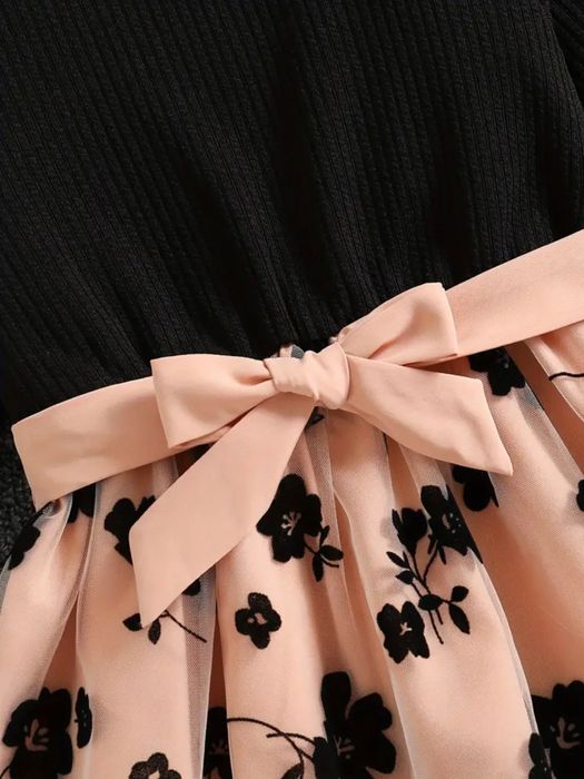 NOWA Piękna Sukienka 122 128 czarna beżowa kwiaty Wizytowa Elegancka