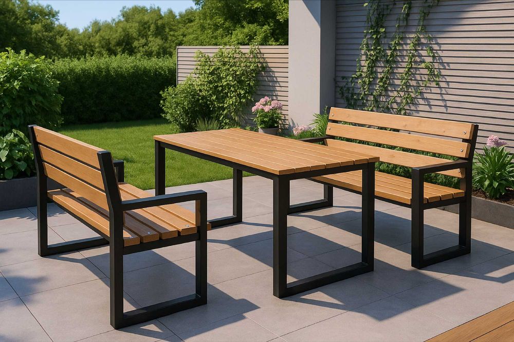 Zestaw loftowy PREMIUM • 2 ławki + stół • ręczna robota • steal + wood