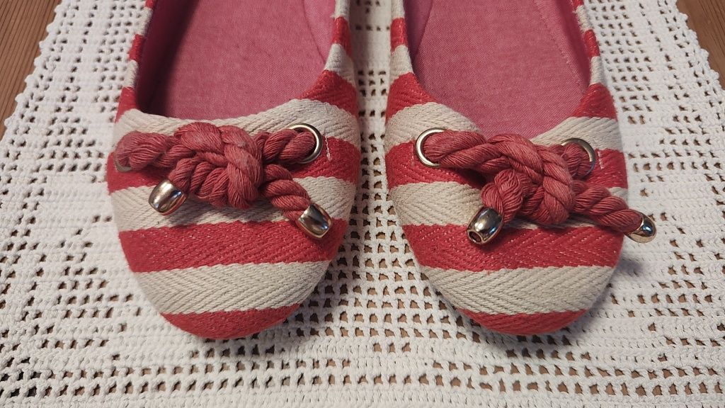 Baleriny baletki 41 40 w paski pin up czerwone sznurek supeł węzeł mar