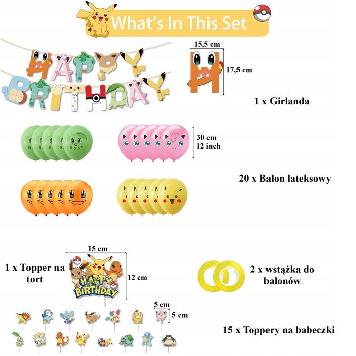 Oro Party Zestaw balonowych dekoracji urodzinowych Pokemon Pikachu