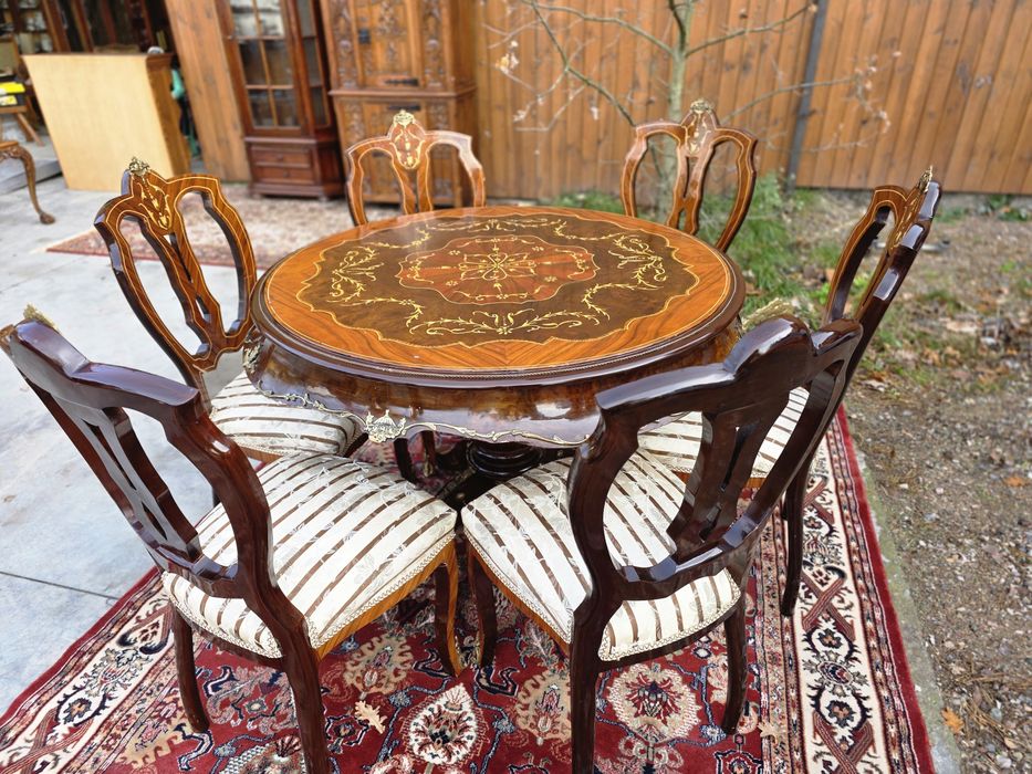 Stół okrągły intarsjowany okuwany mosiądzem + 6 krzeseł #2118 Stylowy