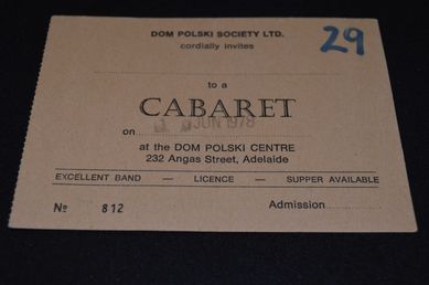 Dom Polski Centre Adelaide 1978 - bilet na kabaret