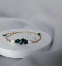 Złota bransoletka malachit, perły, święta, prezent