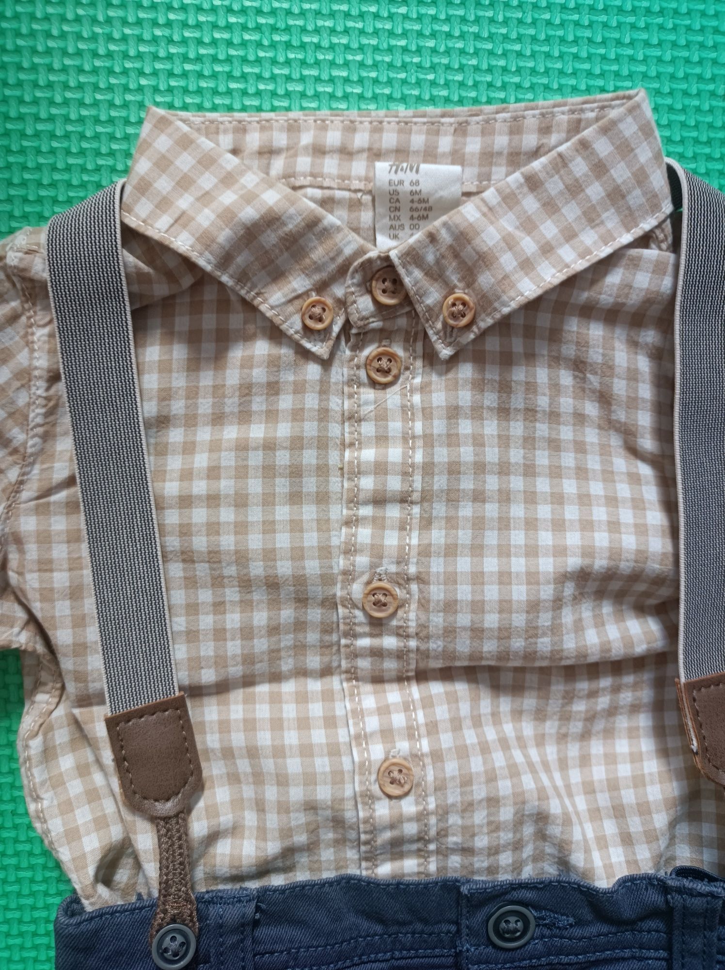 Koszula w kratkę + spodnie na szelkach dla chłopca H&M rozmiar 68