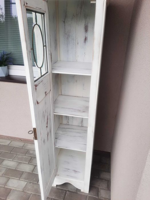 Stary międzywojenny słupek szafka shabby biały przecierany witraż D071