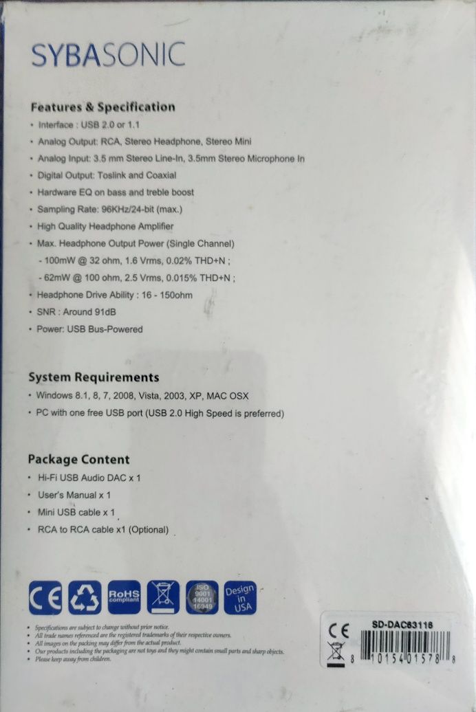 Продам зовнішню звукову карту SybaSonic sd-dac63116